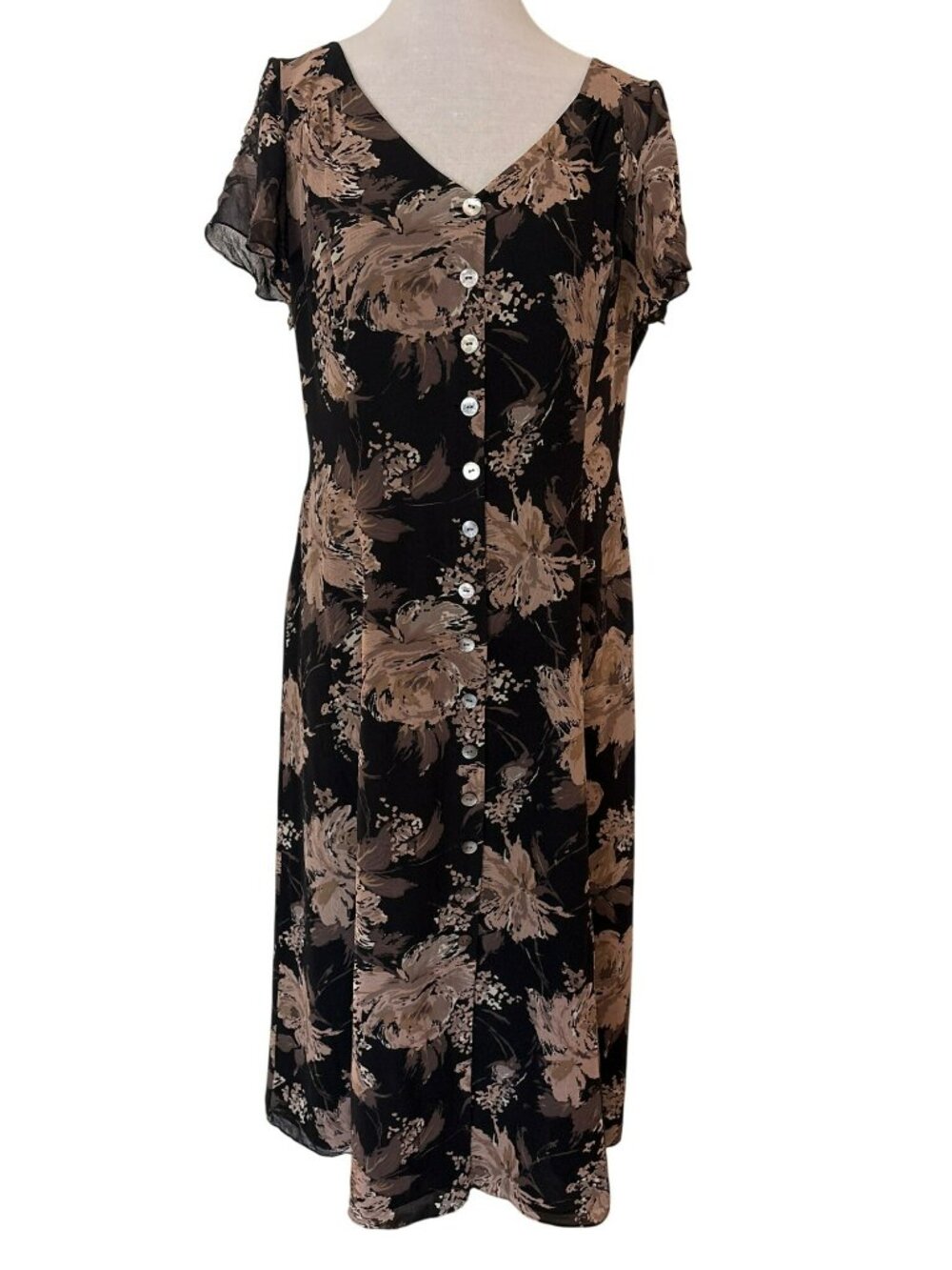 Coldwater Creek Black Floral Silk Button Front Short Sleeve Dress Size 12P